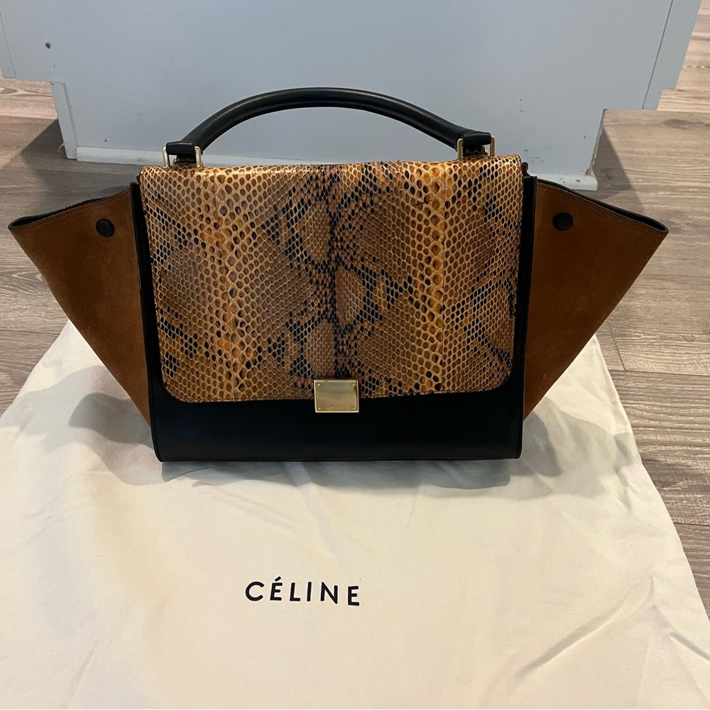 Celine Tan and Black Satchel with Winged Design